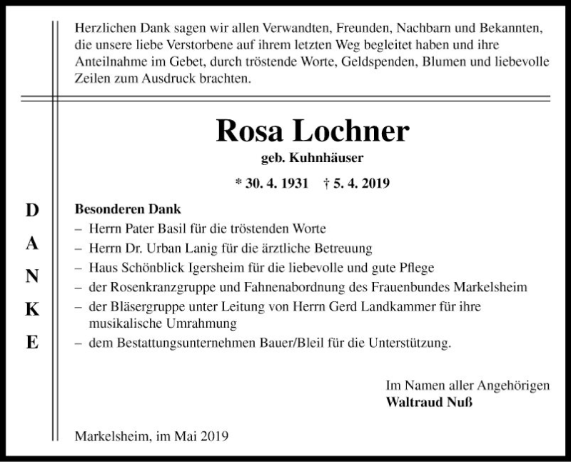  Traueranzeige für Rosa Lochner vom 04.05.2019 aus Fränkische Nachrichten