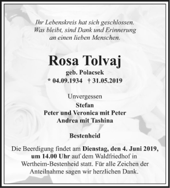 Traueranzeige von Rosa Tolvaj von Fränkische Nachrichten