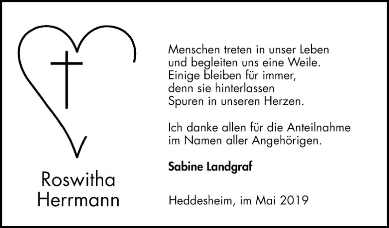  Traueranzeige für Roswitha Herrmann vom 09.05.2019 aus Mannheimer Morgen