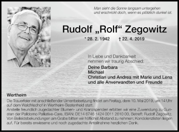 Traueranzeige von Rudolf Zegowitz von Fränkische Nachrichten