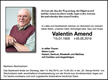 Traueranzeige von Valentin Amend von Fränkische Nachrichten