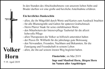 Traueranzeige von Volker Horn von Fränkische Nachrichten