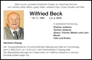 Traueranzeige von Wilfried Beck von Fränkische Nachrichten