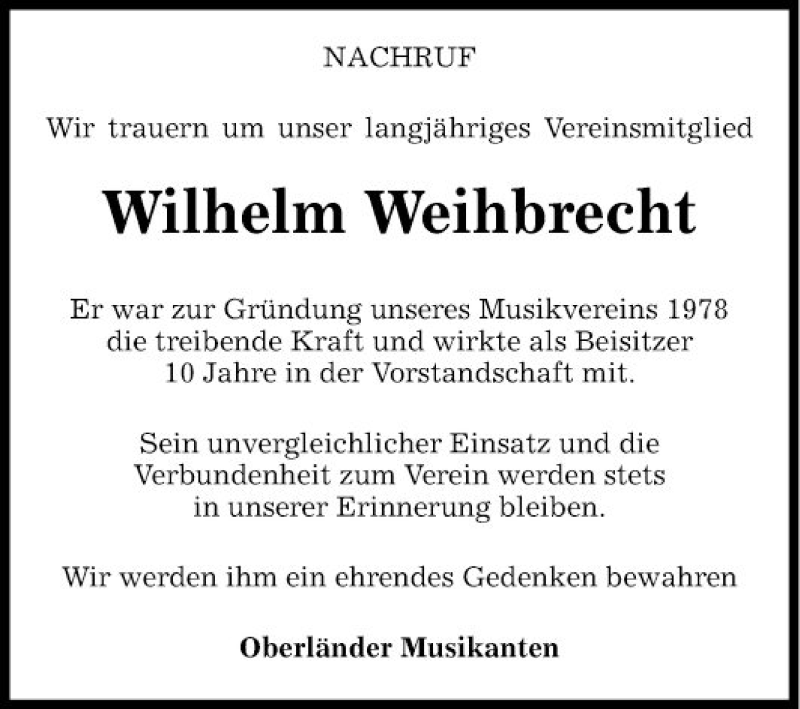  Traueranzeige für Wilhelm Weihbrecht vom 13.05.2019 aus Fränkische Nachrichten