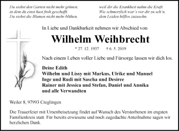 Traueranzeige von Wilhelm Weihbrecht von Fränkische Nachrichten