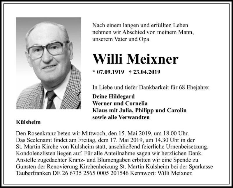  Traueranzeige für Willi Meixner vom 11.05.2019 aus Fränkische Nachrichten