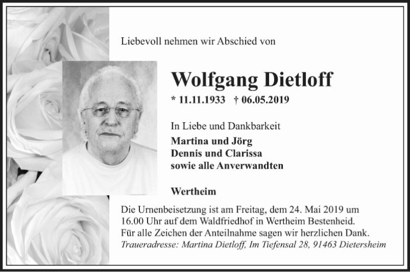  Traueranzeige für Wolfgang Dietloff vom 17.05.2019 aus Fränkische Nachrichten