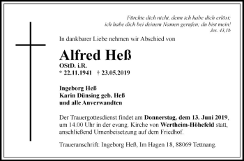 Traueranzeige von Alfred Heß von Fränkische Nachrichten