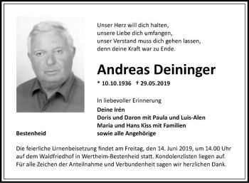 Traueranzeige von Andreas Deininger von Fränkische Nachrichten