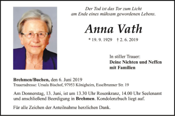Traueranzeige von Anna Vath von Fränkische Nachrichten