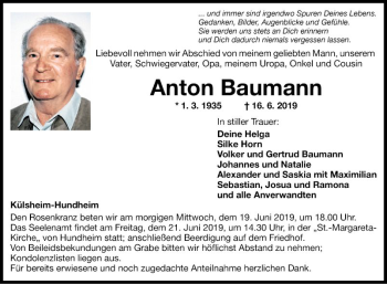Traueranzeige von Anton Baumann von Fränkische Nachrichten
