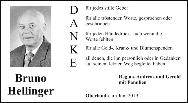  Traueranzeige für Bruno Hellinger vom 19.06.2019 aus Fränkische Nachrichten