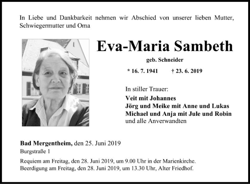  Traueranzeige für Eva-Maria Sambeth vom 25.06.2019 aus Fränkische Nachrichten