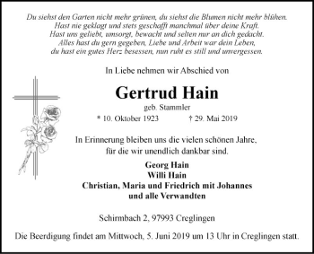 Traueranzeige von Gertrud Hain von Fränkische Nachrichten