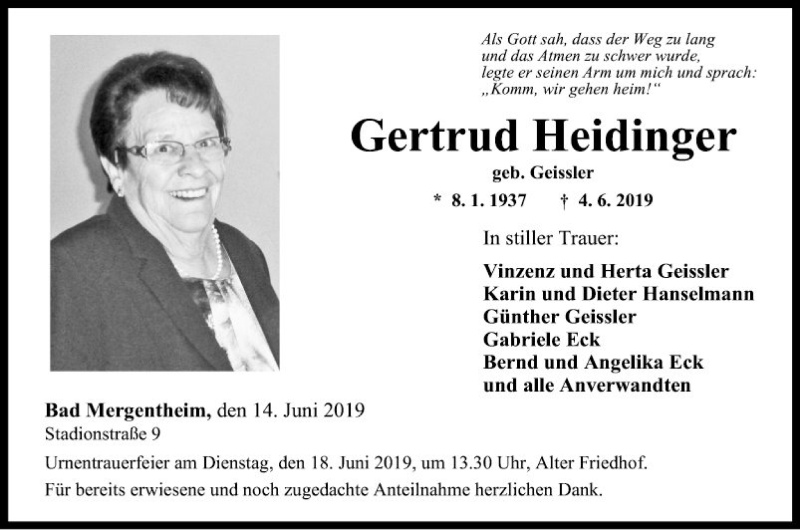  Traueranzeige für Gertrud Heidinger vom 14.06.2019 aus Fränkische Nachrichten