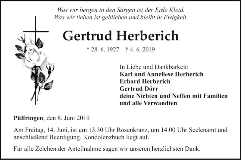  Traueranzeige für Gertrud Herberich vom 08.06.2019 aus Fränkische Nachrichten