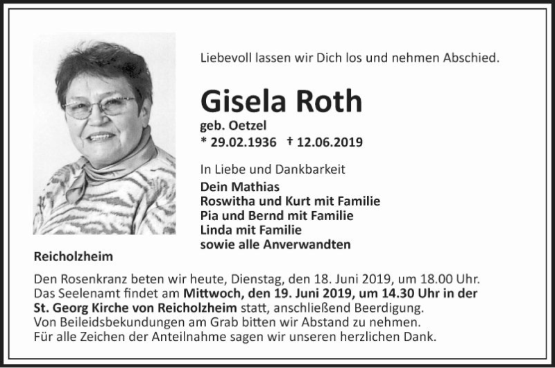  Traueranzeige für Gisela Roth vom 18.06.2019 aus Fränkische Nachrichten