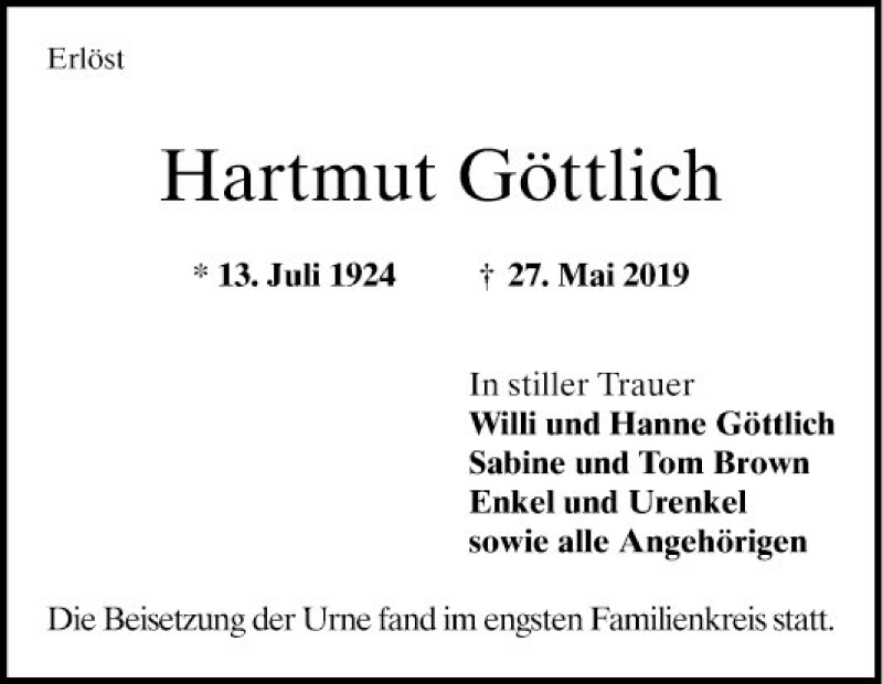  Traueranzeige für Hartmut Göttlich vom 22.06.2019 aus Mannheimer Morgen