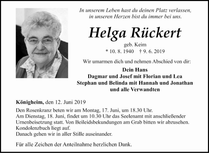  Traueranzeige für Helga Rückert vom 12.06.2019 aus Fränkische Nachrichten