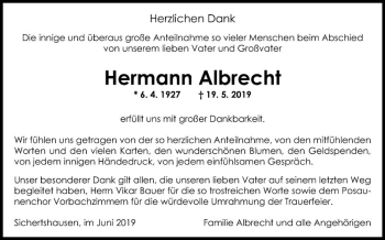 Traueranzeige von Hermann Albrecht von Fränkische Nachrichten