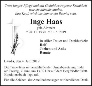 Traueranzeige von Inge Haas von Fränkische Nachrichten