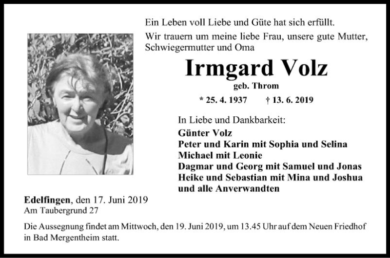  Traueranzeige für Irmgard Volz vom 17.06.2019 aus Fränkische Nachrichten