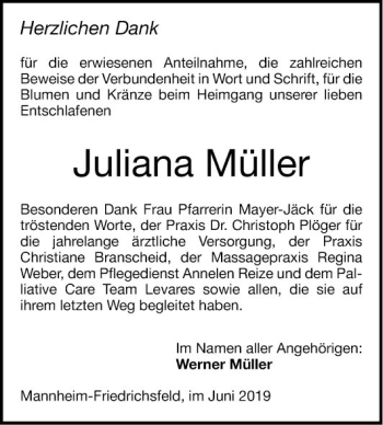 Traueranzeige von Juliana Müller von Mannheimer Morgen