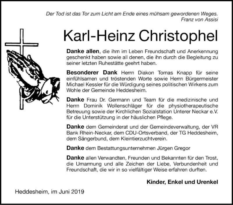  Traueranzeige für Karl-Heinz Christophel vom 21.06.2019 aus Mannheimer Morgen