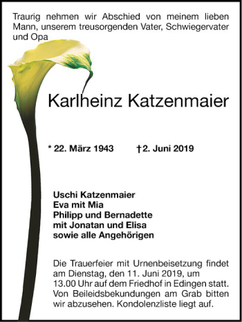 Traueranzeige von Karlheinz Katzenmaier von Mannheimer Morgen