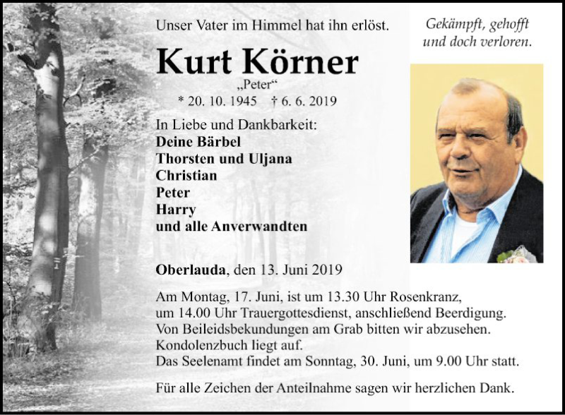  Traueranzeige für Kurt Körner vom 13.06.2019 aus Fränkische Nachrichten