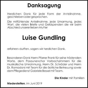 Traueranzeige von Luise Gundling von Fränkische Nachrichten