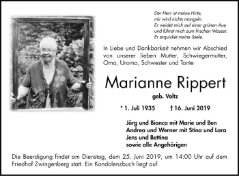 Traueranzeige von Marianne Rippert von Bergsträßer Anzeiger