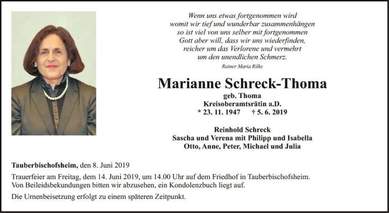  Traueranzeige für Marianne Schreck-Thoma vom 08.06.2019 aus Fränkische Nachrichten