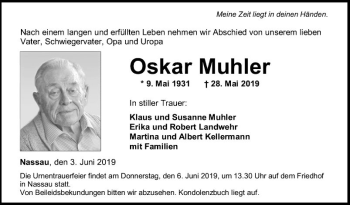 Traueranzeige von Oskar Muhler von Fränkische Nachrichten