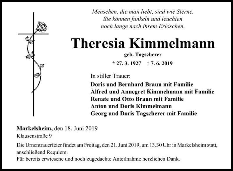  Traueranzeige für Theresia Kimmelmann vom 18.06.2019 aus Fränkische Nachrichten
