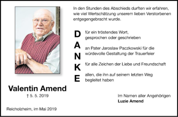 Traueranzeige von Valentin Amend von Fränkische Nachrichten