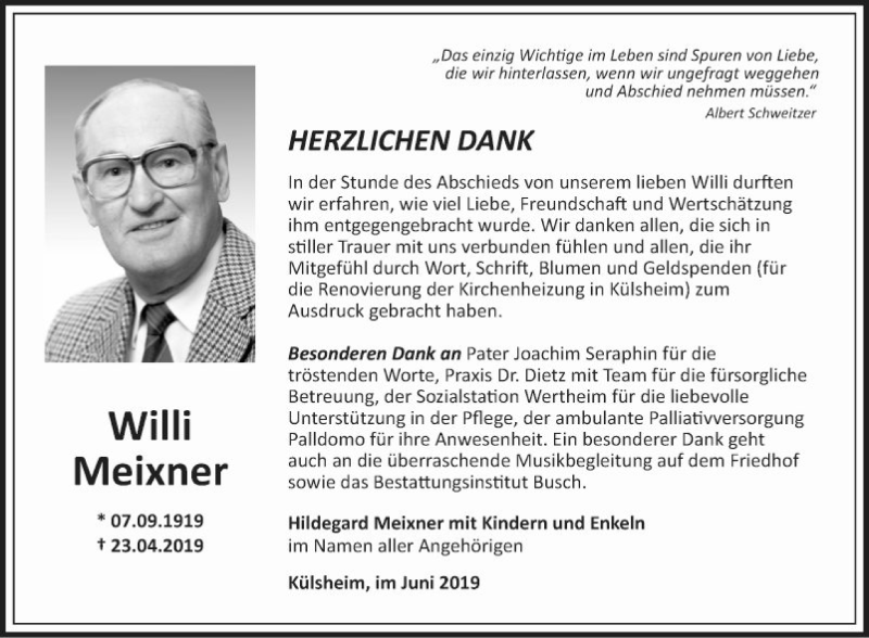  Traueranzeige für Willi Meixner vom 15.06.2019 aus Fränkische Nachrichten