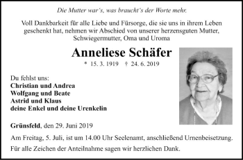 Traueranzeige von Anneliese Schäfer von Fränkische Nachrichten