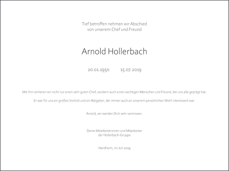  Traueranzeige für Arnold Hollerbach vom 20.07.2019 aus Fränkische Nachrichten