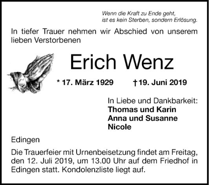  Traueranzeige für Erich Wenz vom 06.07.2019 aus Mannheimer Morgen