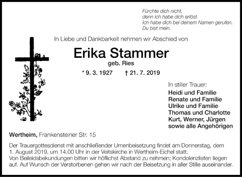  Traueranzeige für Erika Stammer vom 27.07.2019 aus Fränkische Nachrichten