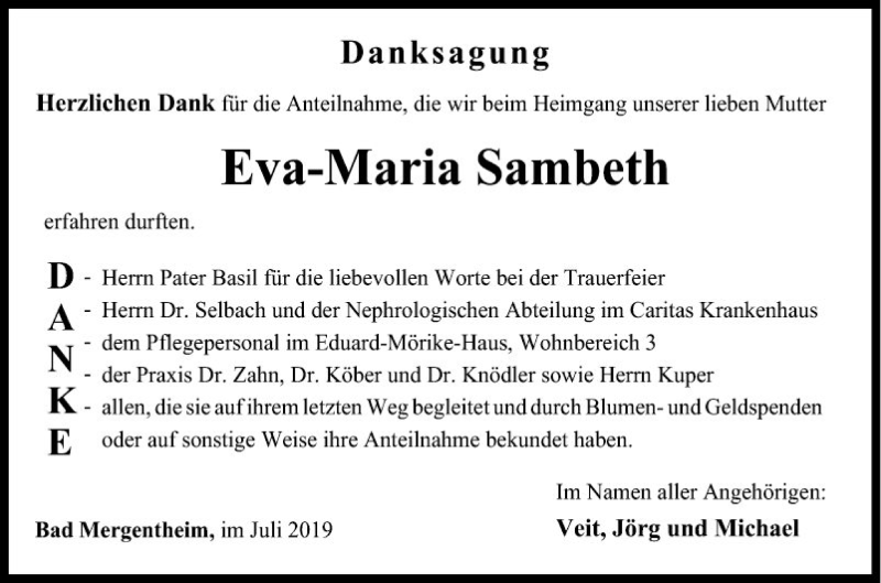  Traueranzeige für Eva-Maria Sambeth vom 08.07.2019 aus Fränkische Nachrichten