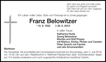 Traueranzeige von Franz Belowitzer von Fränkische Nachrichten