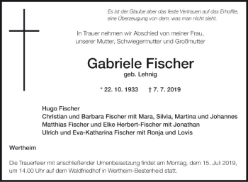 Traueranzeige von Gabriele Fischer von Fränkische Nachrichten