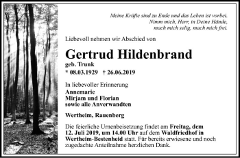 Traueranzeige von Gertrud Hildenbrand von Fränkische Nachrichten