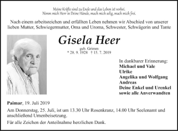 Traueranzeige von Gisela Heer von Fränkische Nachrichten
