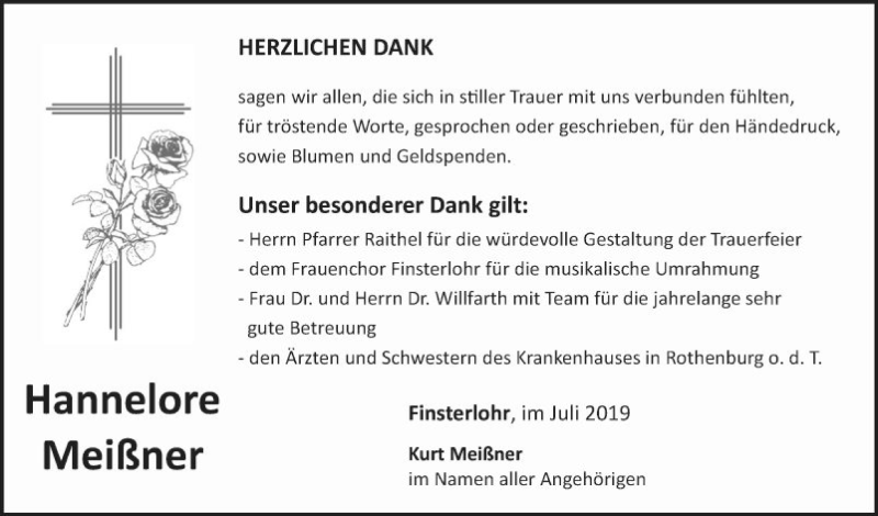  Traueranzeige für Hannelore Meißner vom 27.07.2019 aus Fränkische Nachrichten