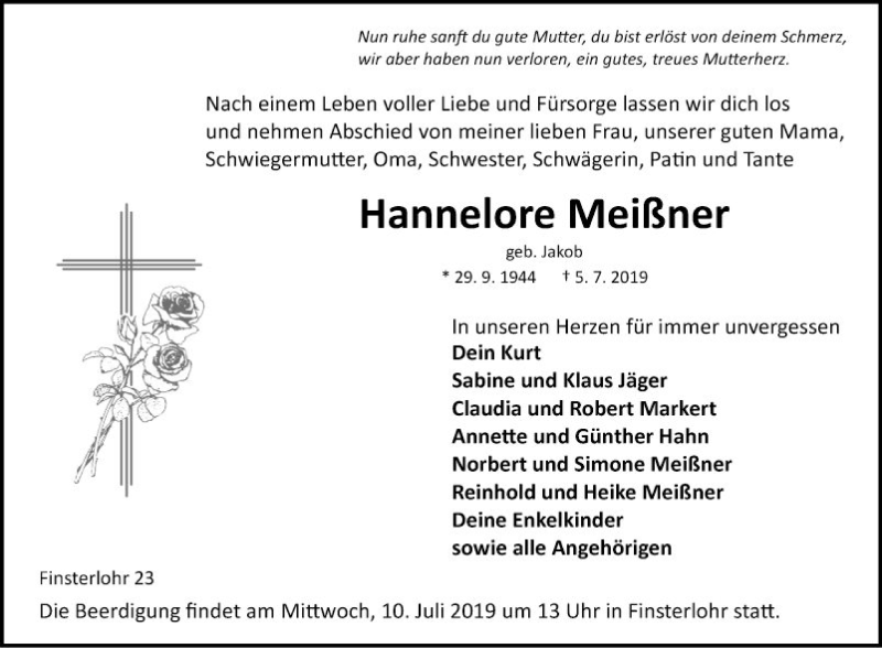  Traueranzeige für Hannelore Meißner vom 09.07.2019 aus Fränkische Nachrichten