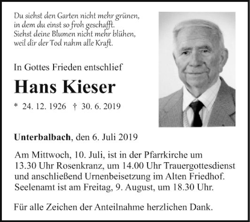  Traueranzeige für Hans Kieser vom 06.07.2019 aus Fränkische Nachrichten