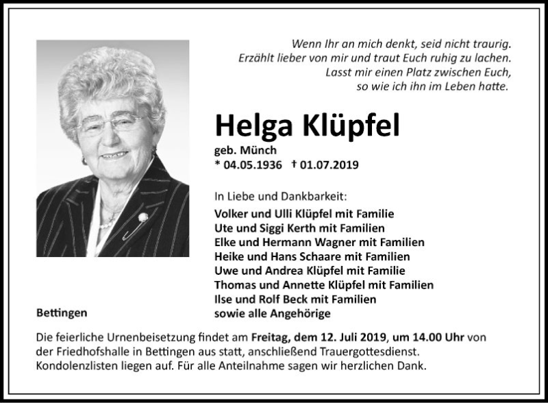  Traueranzeige für Helga Klüpfel vom 09.07.2019 aus Fränkische Nachrichten